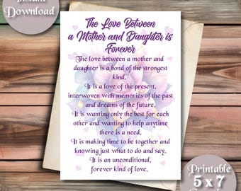 Beautiful Floral Watercolor Printable Card, The Love Between a Mother and Daughter is Forever, Birthday Card for Mom or Daughter, Download