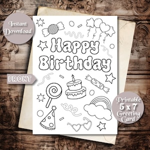 Cartão de feliz aniversário para imprimir e colorir, pronto para colorir, fácil de colorir, cartão para a mãe, cartão para o pai, cartão para os avós, download instantâneo