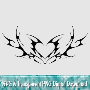 May include: Black tribal design with a heart shape in the center. The design is symmetrical and has a sharp, angular style.