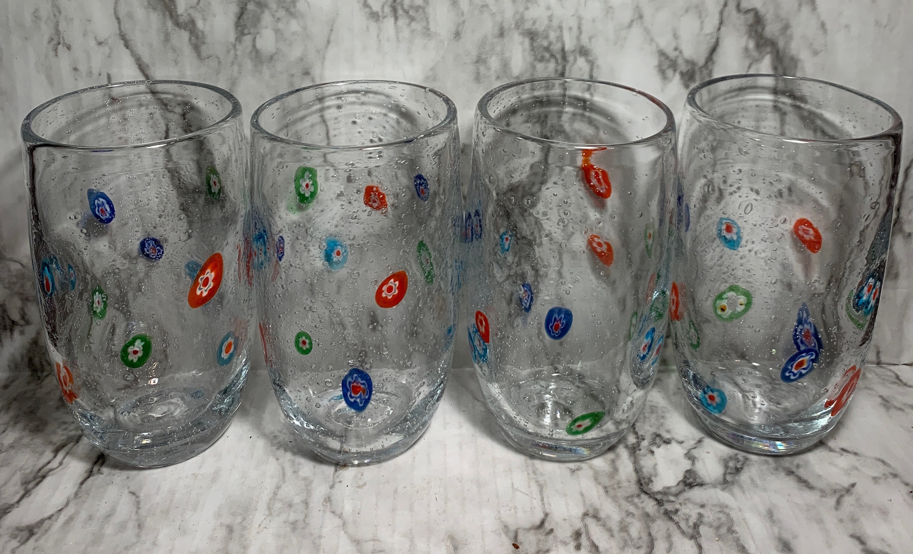 Vintage 4 PC Set Murano Millefiori Handblown Drinking Glass Bubble Art  Tumblers Excellent Condition 