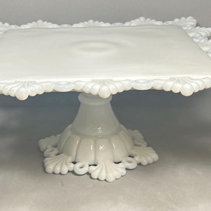 Vintage Rare Westmoreland Ring & Petal Pattern milk glass Square Pedestal Cake Stand 11” x 5” Excellent Condition