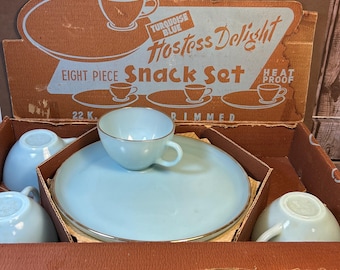Fire King Turquoise Blue 12 Piece Snack Set Cups Plates 22k Gold