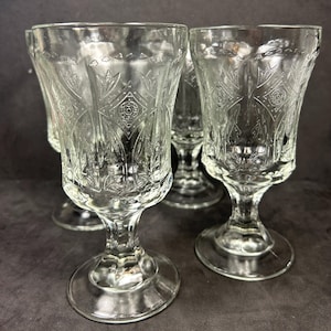Vintage Indiana Glass Federal Recollection Clear set of 4  Thick Heavy Embossed Pattern Goblets Wine Water Glass Excellent Condition!