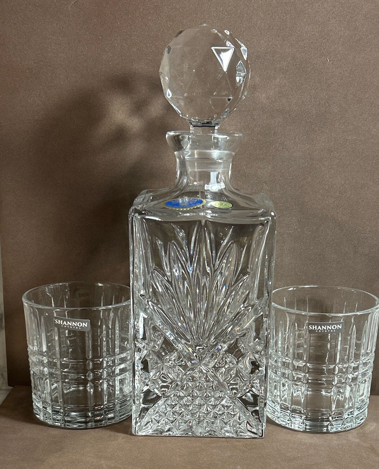 Vintage 14K Gold Cronzini Decanter Set w/ 6 Cups Crystal Glass and Original  Box