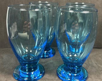 Vintage Blue Footed Set of 4 Electric Blue Wine Water Glasses 5” T 2 3/4” Top Thick bottom Beautiful!!