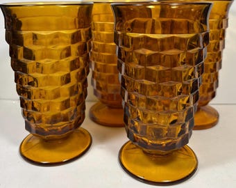 Whitehall Amber Cubist Glass Indiana Whitehall Drinking Tea Glass 14oz Cube Footed Goblet 6” x 3.5” set of 4 Excellent Condition!