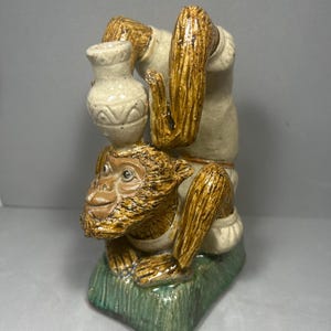 Vintage Rare! Monkey figurine Majolica Monkey figurine holding Vessel on head 8”T Chopmarks Excellent Condition!