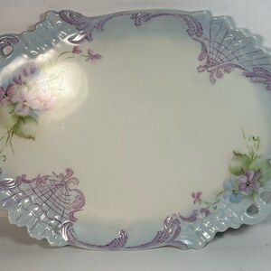 Vintage Vanity Tray Handpainted porcelain Purple and  Light Blue Floral Trim Cutout   12” x 8.5” Beautiful Dish/ Tray Dresser Tray