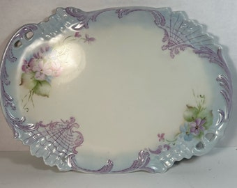 Vintage Vanity Tray Handpainted porcelain Purple and  Light Blue Floral Trim Cutout   12” x 8.5” Beautiful Dish/ Tray Dresser Tray