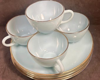 Fire King Turquoise Blue 12 Piece Snack Set Cups Plates 22k Gold