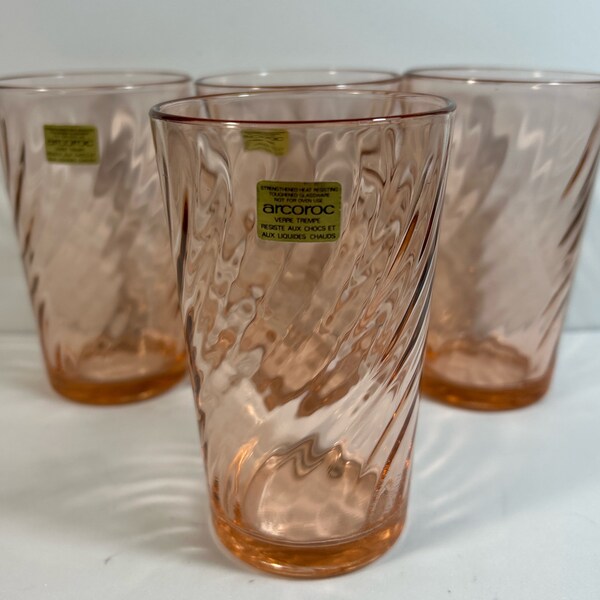 Vintage Arcoroc Rosalind Pink Swirl Glasses Tumblers 1980’s Glassware 4.5 ” x 2.75” set of 4 in excellent condition