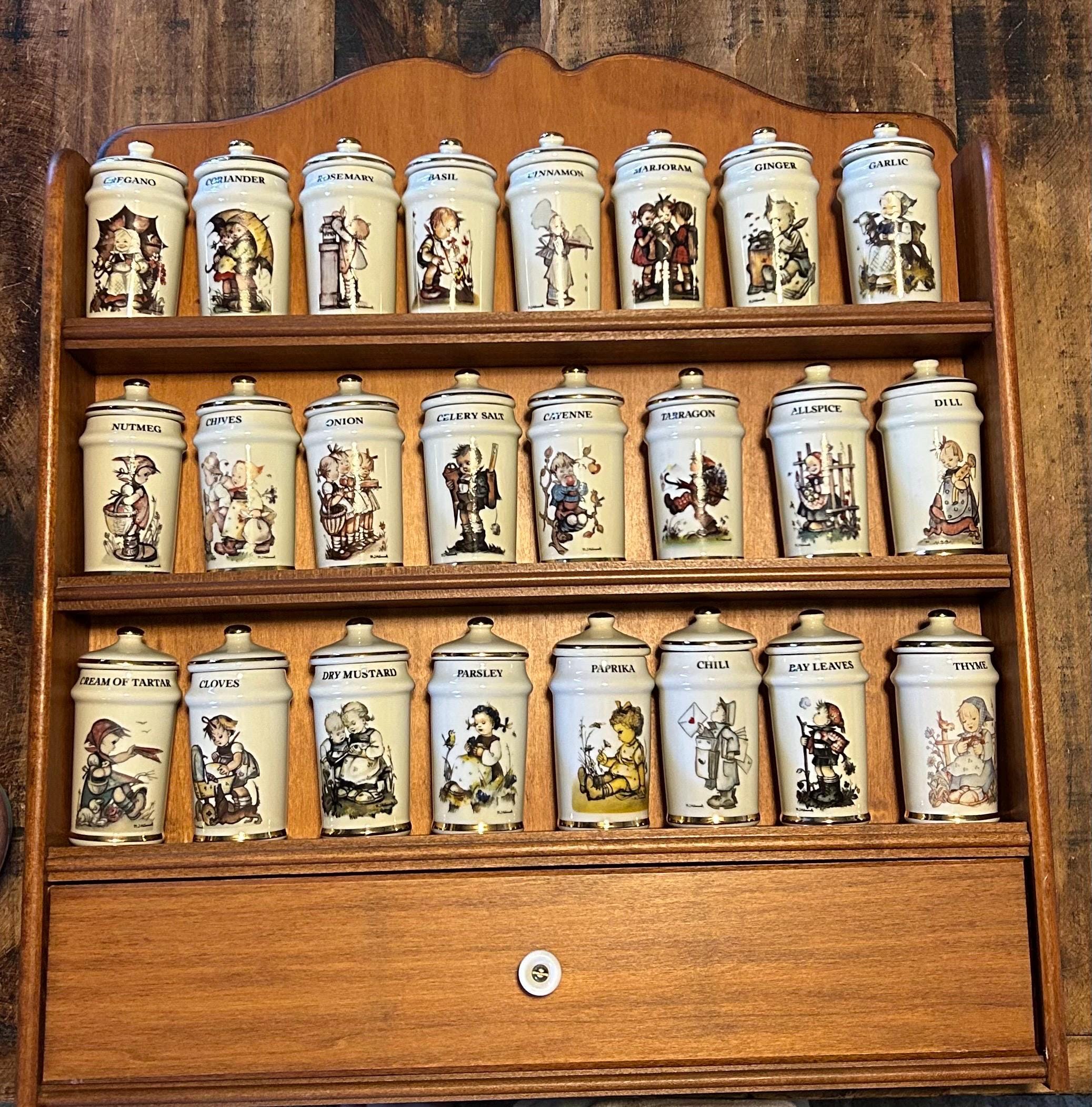 Vintage MJ Hummel Porcelain Spice Jars W/ Wooden Wall Rack “ 1987