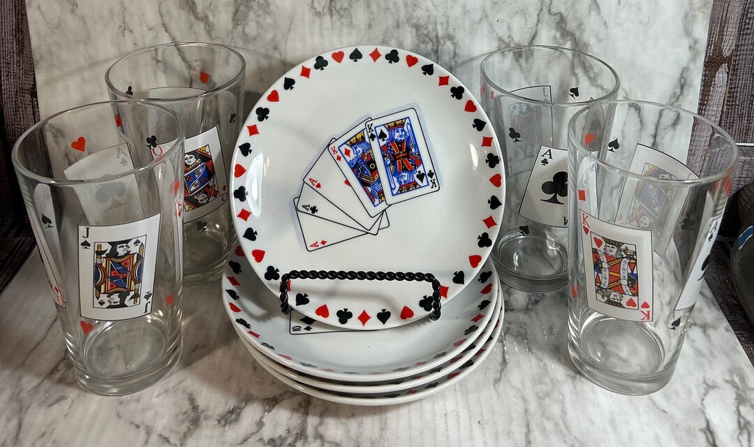 Vintage Playing Cards Glasses 4 and Porcelain Poker Snack Etsy