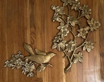 Vintage MCM Syroco/Homco Gold Gilded Sparrow Bird on Dogwood Branch Wall Hanging 2 Piece Set Excellent Condition