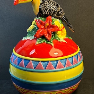 Rare! Toucan Colorful large Cookie Jar Ceramic Cookie Jar 12” T Signature Home Collection in excellent Preowned condition