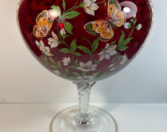 Vintage Italian Large Ruby Red Vase/ Bowl Floral Butterfly’s,green leaves Cranberry  10.5” T x 7” Gold trim Excellent condition