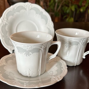 Vintage Tirschenreuth Bavaria Baronesse “Orleans”  Gray Embossed sections Germany Teacup Coffee Cup and Saucer set of 2 Excellent Condition
