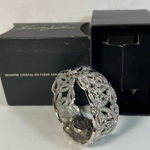 Kenneth Jay Lane Crystal Rhinestone Cuff Watch Floral Clamper Hinge NIB KJL Hidden Watch Bracelet With Crystals Wristwatch preowned New cond