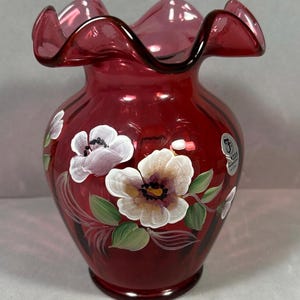 Vintage Cranberry Glass Vase with Hand-Painted Flowers Ruffled Rim Excellent Condition!