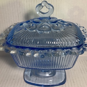 Vintage Ribbed Lace Edge Aqua Blue Indiana Glass Lidded Pedestal Dish Compote Candy Dish 1970s
