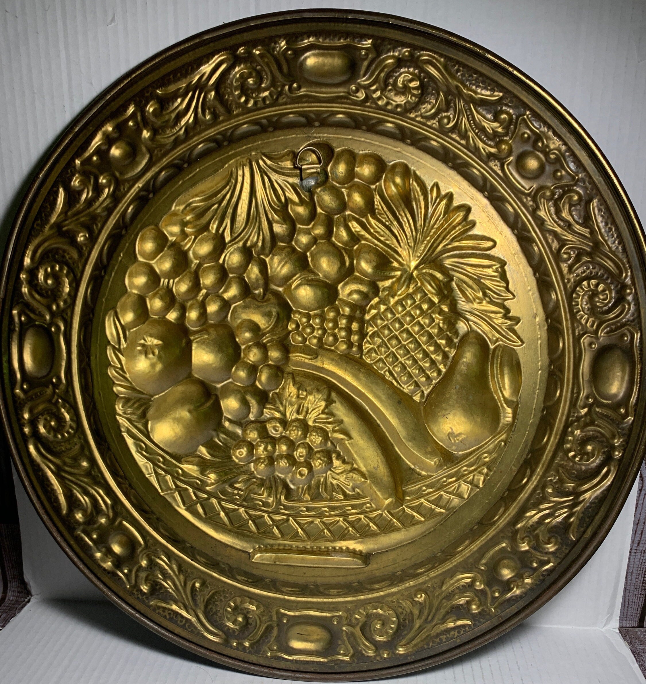 Vintage Large Brass Wall Decor Fruit Basket Metal Embossed Wall Hanging