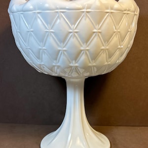 Vintage Milk Glass Compote Indiana Glass Duette Diamond Quilted Pedestal Bowl  Decor White 9” x 7” 4” bowl D Beautiful!
