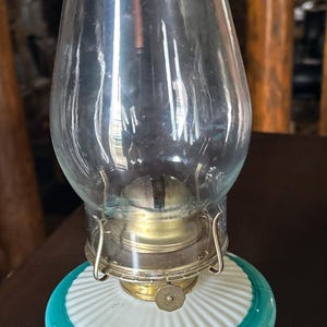 Antique  Kerosene Oil Lamp porcelain hand painted With Teal  Basket of pink roses, milk glass  15” T w/ Globe Eagle Burner great condition!