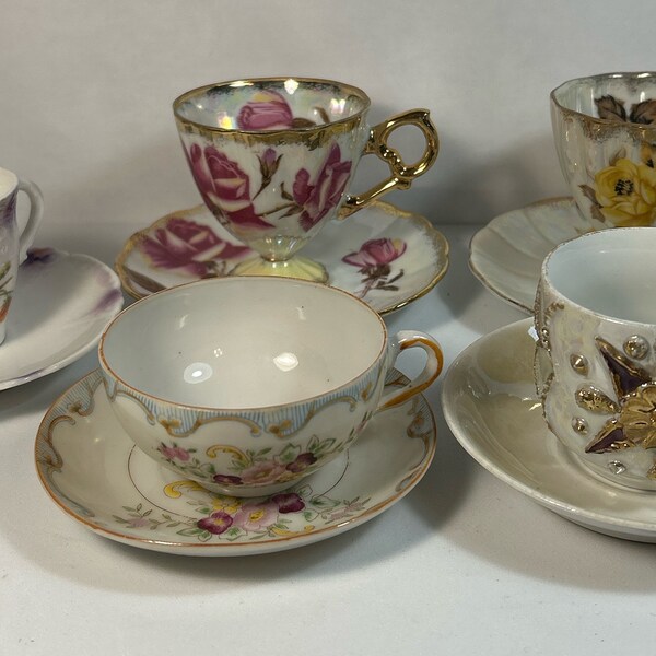 Vintage Teacup and Saucer Set , Germany, Lusterware, Leughtenburg, Japan  set of 5 Excellent Condition!