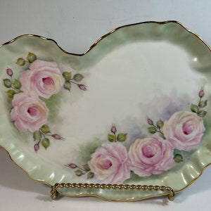 Vintage Vanity Tray Handpainted Pink Roses Green Rim Gold Trimed 11” x  8” Beautiful Dish/ Tray, Dresser Tray Signed by Artist