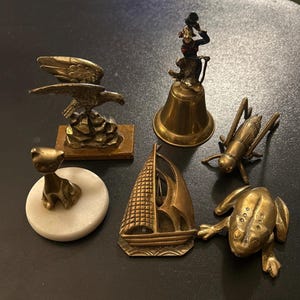 Vintage Solid Brass Figurines, Small Animals ,Cat, Eagle, Frog , Ship Clip, Clown bell and Grasshopper lot of 6 Great condition!