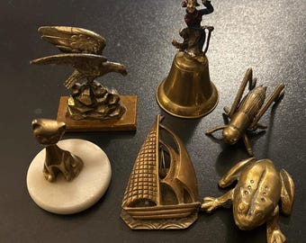 Vintage Solid Brass Figurines, Small Animals ,Cat, Eagle, Frog , Ship Clip, Clown bell and Grasshopper lot of 6 Great condition!