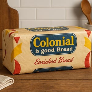 Puede incluir: Una barra de pan Colonial Enriched Bread en un envoltorio beige con un logotipo azul y amarillo. El texto "Colonial is good Bread" y "Enriched Bread" son visibles. El pan está sobre una superficie de madera.