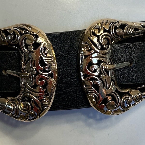 Vintage Dual Buckle Faux Leather Belt has 2  3”x 3” Buckles wide elastic Belt 2.5” stretchy back panel excellent condition