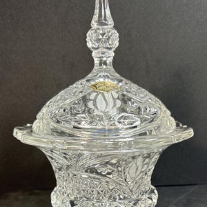 Vintage European  Collection Cut Crystal Footed Lidded Candy Dish Bowl with Rose and Diamond Pattern  8” T  Beautiful!!