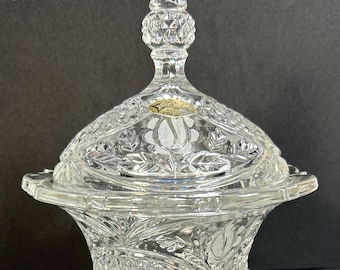 Vintage European  Collection Cut Crystal Footed Lidded Candy Dish Bowl with Rose and Diamond Pattern  8” T  Beautiful!!