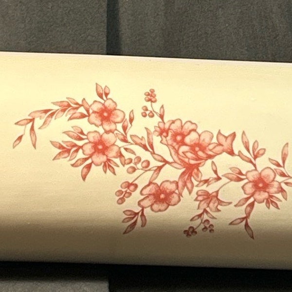 Red Transferware French Victorian Rolling Pin Floral on Beige Ceramic one piece 17” L 8.75” circumference Excellent condition