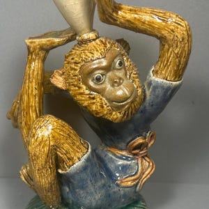 Vintage Rare! Monkey figurine Majolica Monkey figurine holding Vessel on head 8”T Excellent Condition!
