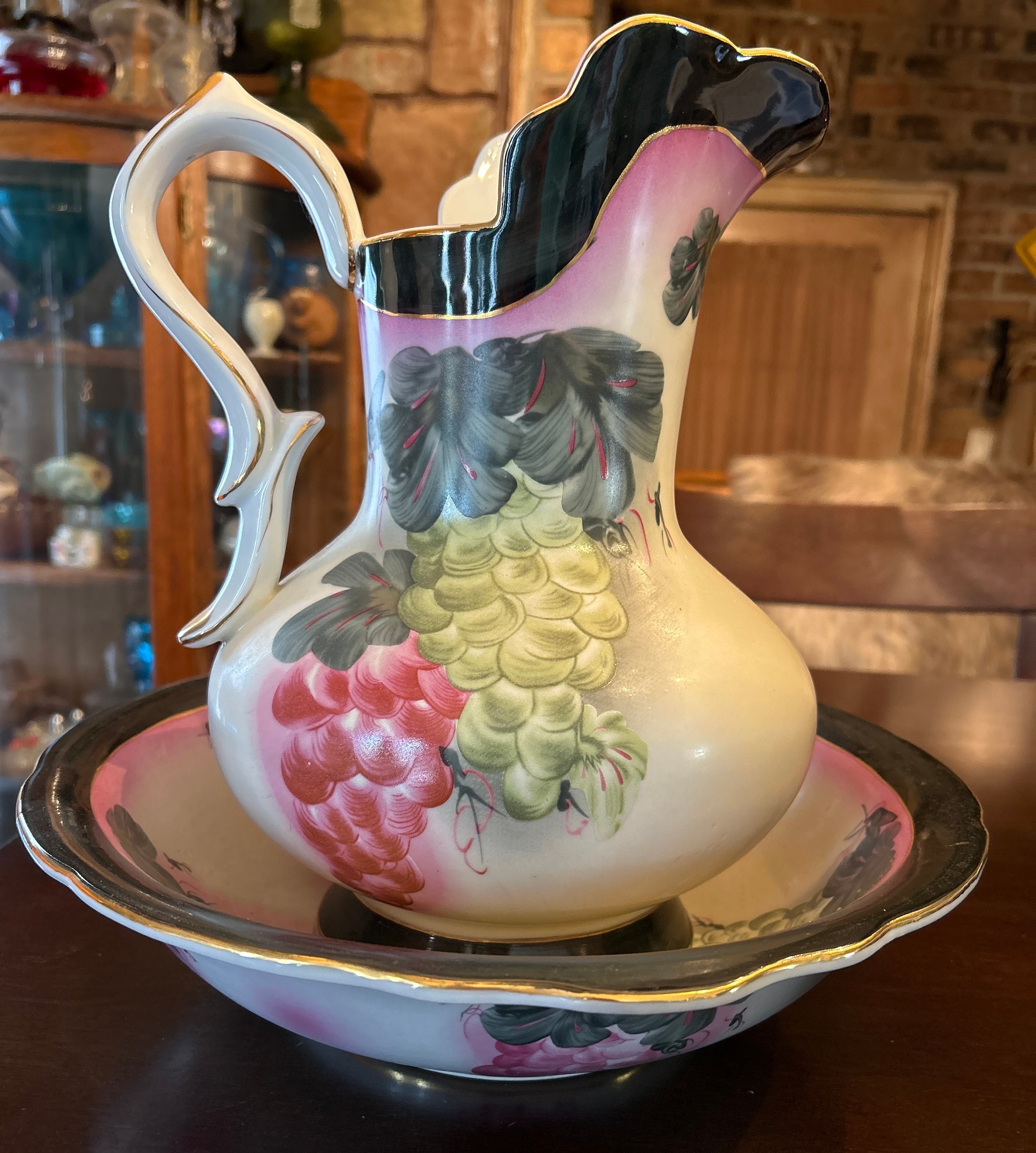 Antique Nippon Porcelain Pitcher Bulb Vase With Bowl Grape Antique Nippon Porcelain Pitcher Bulb Vase With Bowl Grape
