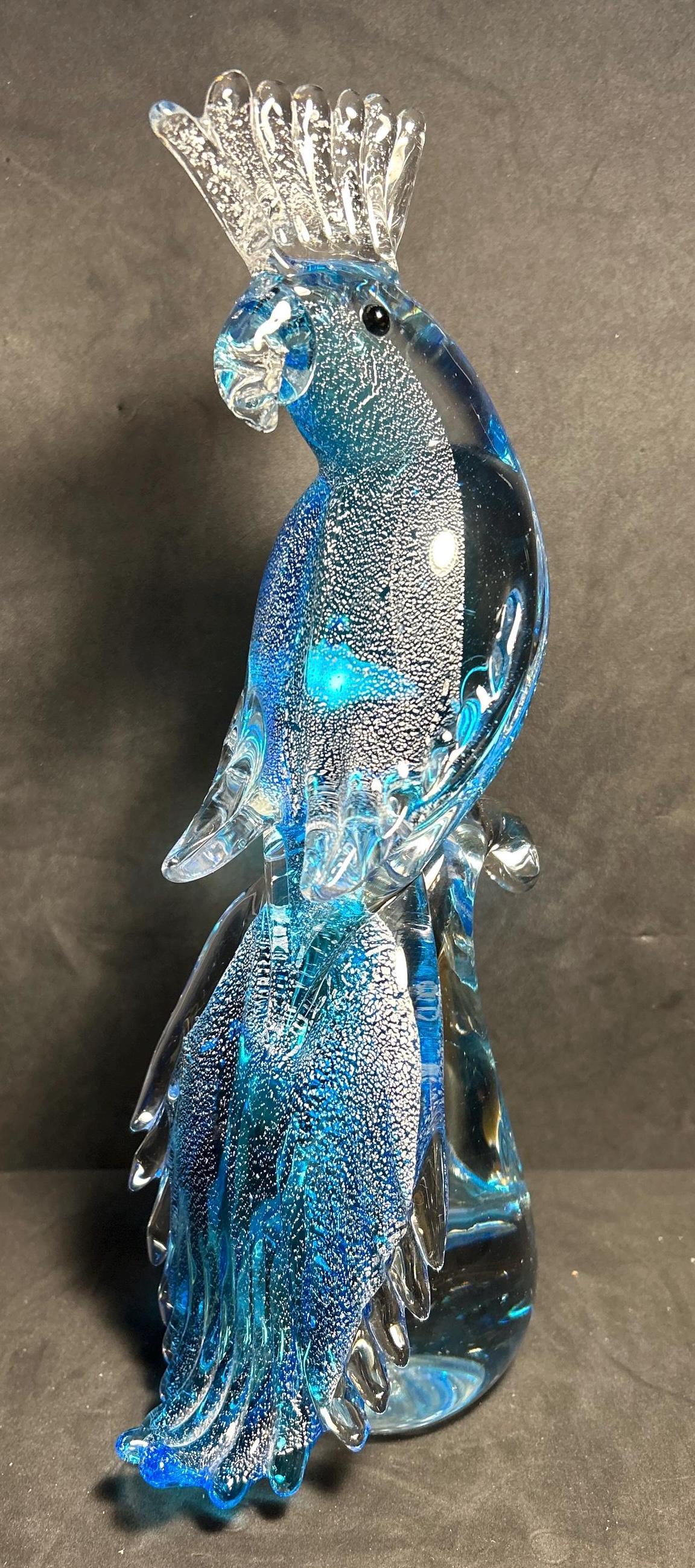 Vintage Murano Glass Cockatoo Parrot Figurine 11.5” T Blue Silver Flecks Art Glass Italy 1960’s Decorative Glass Sculpture