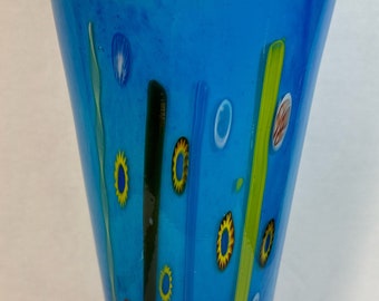 Vintage Mid-Century Modern Cased Glass Millefiori Turquoise Blue  Colorful Vase 11.5” T 5” opening Heavy 2 3/8 “ Bottom