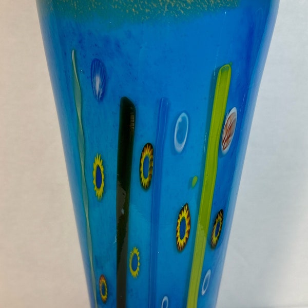 Vintage Mid-Century Modern Cased Glass Millefiori Turquoise Blue  Colorful Vase 11.5” T 5” opening Heavy 2 3/8 “ Bottom