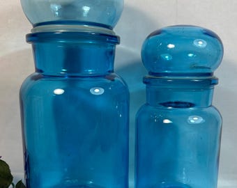 Vintage Rare Blue Glass Apothecary Bubble Lid Jars Bottles Set of 2 MCM Belgium Glass Jars   9” and  7 ”  marked Excellent Condition