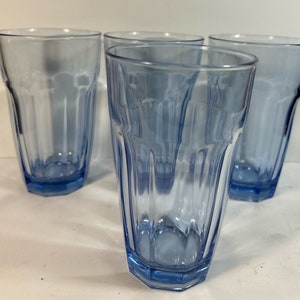 Vintage Blue Pasabahce Drinking Glasses, Valor Blue, Vtg 90s, Handmade Turkey, Water Tumblers set of 4 glasses Holds 16oz