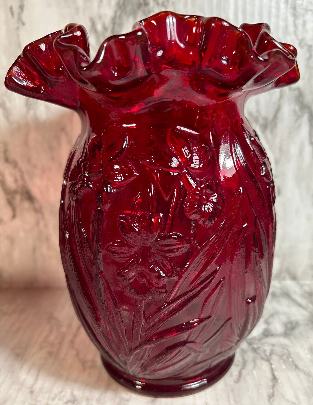 Fenton Glass Vase Cranberry Daffodils With Ruffled Etsy