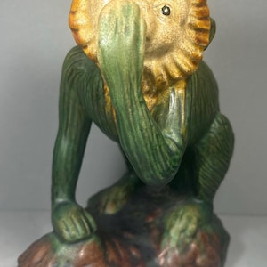 Vintage Rare!  Majolica Monkey figurine “ Speak no Evil” MCM Handpainted Statue 8” T x6.5” W  Excellent Condition!