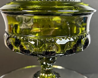 Vintage MCM Indiana Glass Kings Crown Thumbprint Green Covered Dish Compote  7.5” T 4” W  in excellent condition
