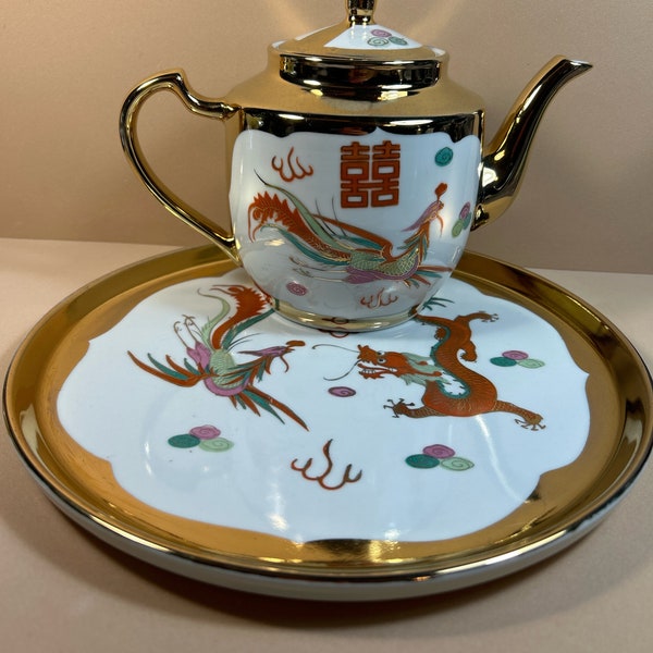Vintage Dragon and Phoenix “ Double Happiness”   Chinese Tea Pot and Tray Porcelain, Shiney Gold Gilt Beautiful!! “1950” Great Condition!