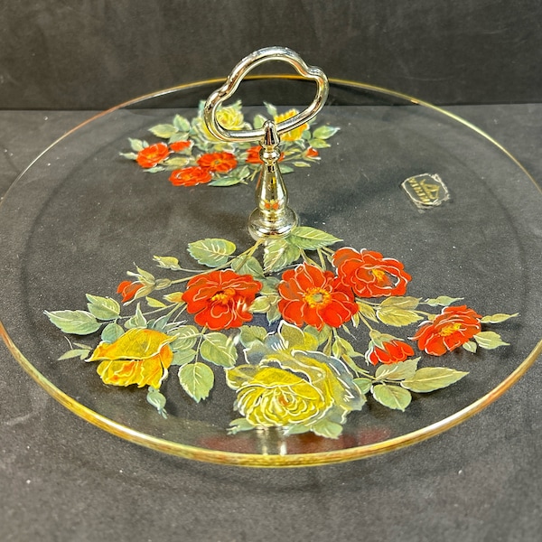 Antique Viking Serving Tray Orange Yellow Floral Glass Silver handle 8” D  3” T Dessert Stand/Tray Tidbit  Tableware Display Tray excellent!