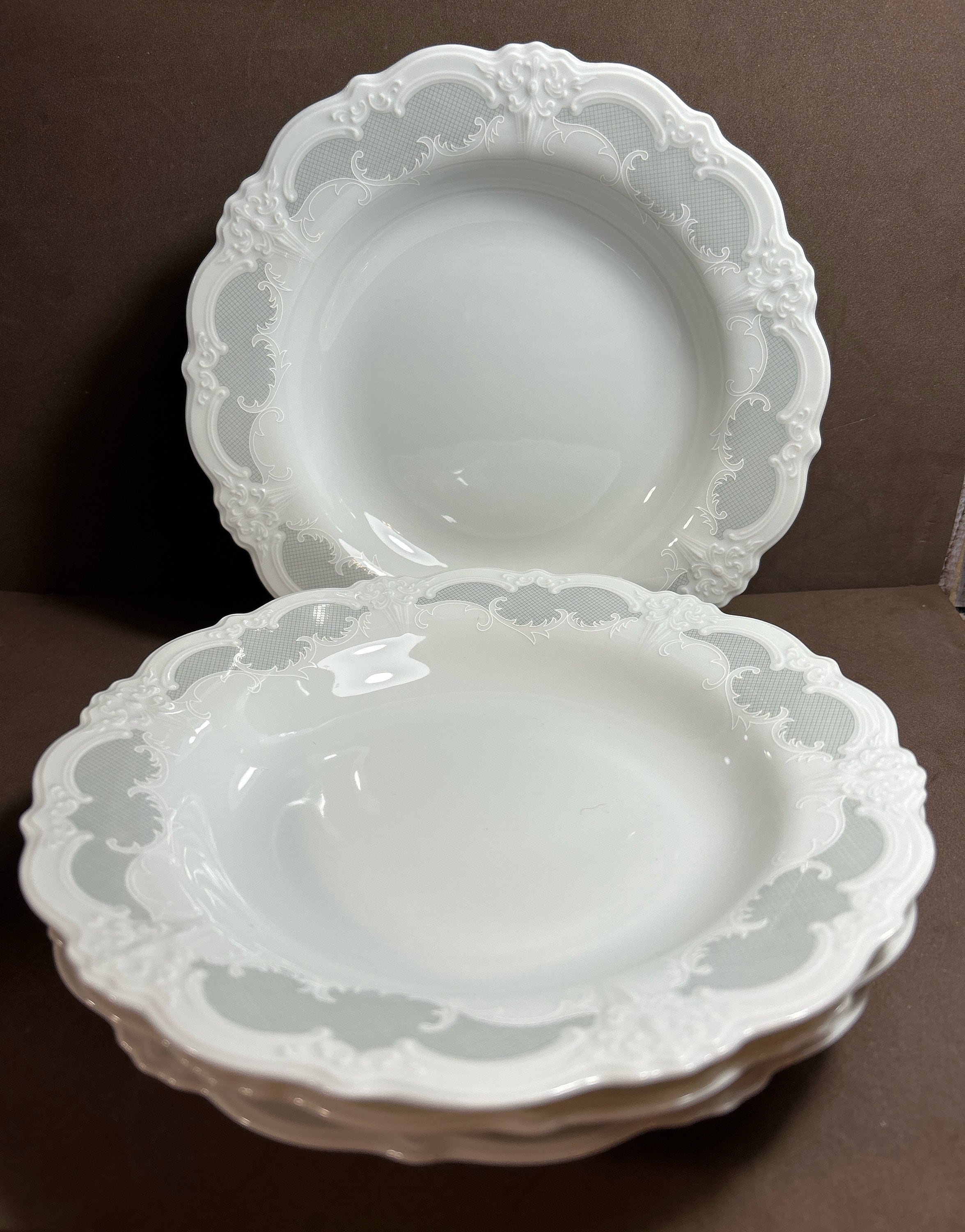 Vintage Tirschenreuth Bavaria Baronesse “Orleans” Gray Embossed Germany Large Rim Soup Bowls 9 1/4” x 1.5” set of 4 Excellent Condition