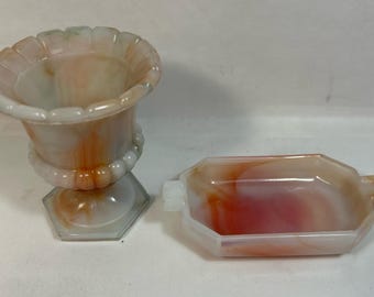 Depression Glass Akro Agate set of 2  Orange Slag Glass Mini Trophy Vase Toothpick Holder and Ashtray Sunburst